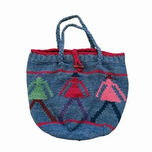 Vintage Amano Wool Hand Tote Bag Purse Knit BOHO Bolivia People Artsy Whimsical